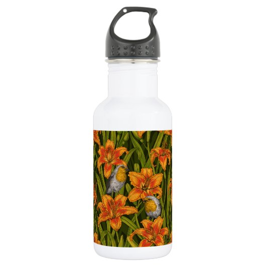 Blume, orange und dunkelgrün edelstahlflasche (Vorderseite)