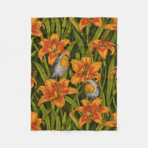 Blume, orange und dunkelgrün fleecedecke