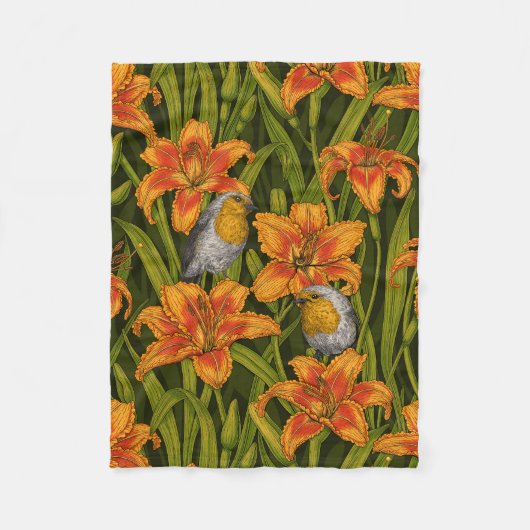 Blume, orange und dunkelgrün fleecedecke (Vorderseite)