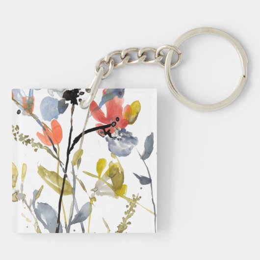 Blume Overlay - Aquarell-Blume und -Stiele Schlüsselanhänger (Rückseite)