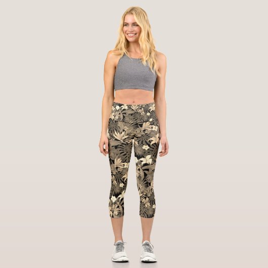 Blume & Palm-Blätter in Beige Shades Capri Leggings (Vorderseite)
