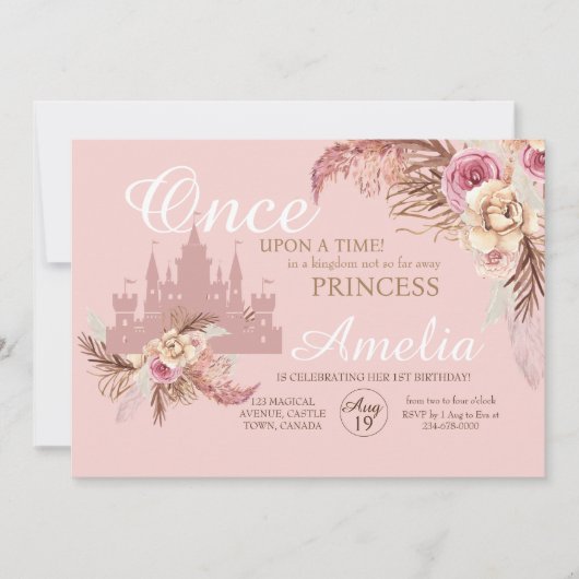 Blume Pampas Princess 1. Geburtstag Einladung (Vorderseite)