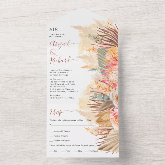 Blume, Pampasgras und Palmblatthehe, getrocknet All In One Einladung (Innen Boden)