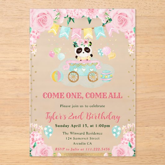 Blume Panda Kindergeburtstag Acryleinladungen (Vorderseite)