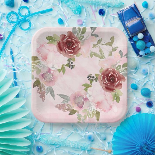 Blume-Papierplatte für Aquarellpinken und Burgund Pappteller (Party)