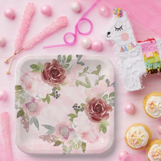 Blume-Papierplatte für Aquarellpinken und Burgund Pappteller (Party)