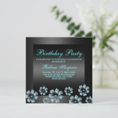 Blume Party Schwarz/Blau Geburtstag Einladung (Stehend Vorderseite)