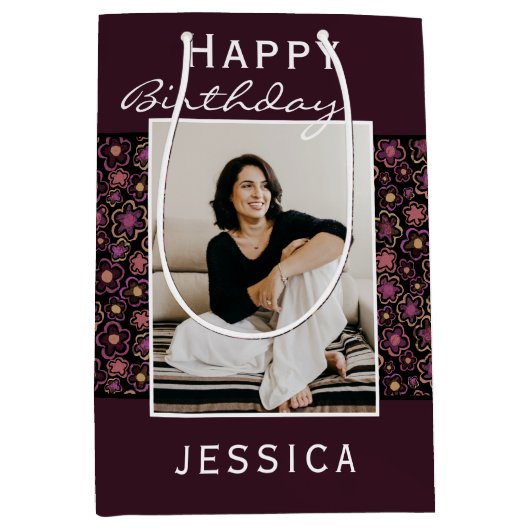 Blume Pattern Foto Happy Birthday Mittlere Geschenktüte (Vorderseite)