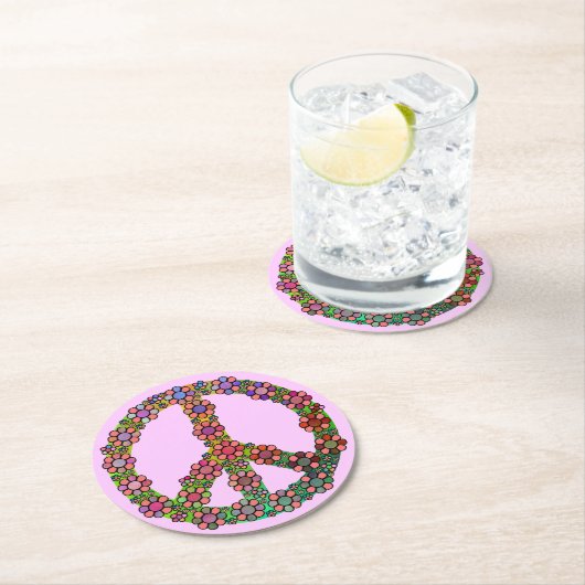 Blume Peace Sign Symbol Blumenrosa Runder Pappuntersetzer (Vor Ort)