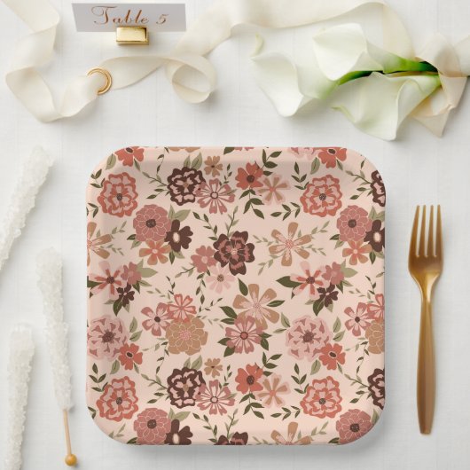Blume Peach Brown Botanic Event Pappteller (Hochzeit)