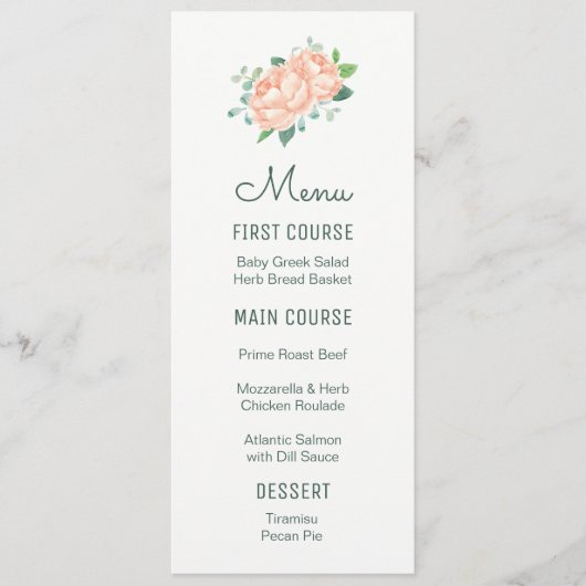 Blume Peach Peony Watercolor Menus Menükarte (Vorderseite)