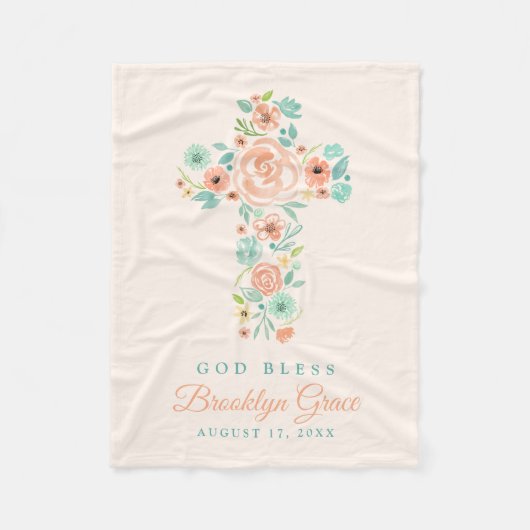 Blume Peach und Mint Wasserfarbe Kreuztaufe Fleecedecke (Vorderseite)