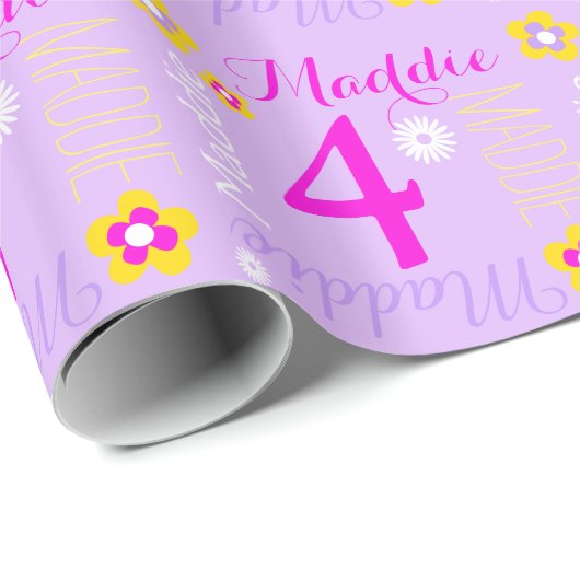 Blume personalisierten lila rosa Alter 4. Geschenkpapier (Rolleneckpunkt)