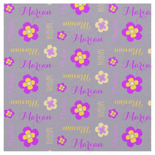 Blume personalisierter Namenstext lila graues Gewe Stoff (Nahaufnahme)