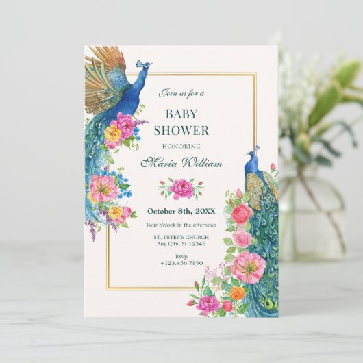 Blume Pfauenbaby-Dusche Einladung (Stehend Vorderseite)