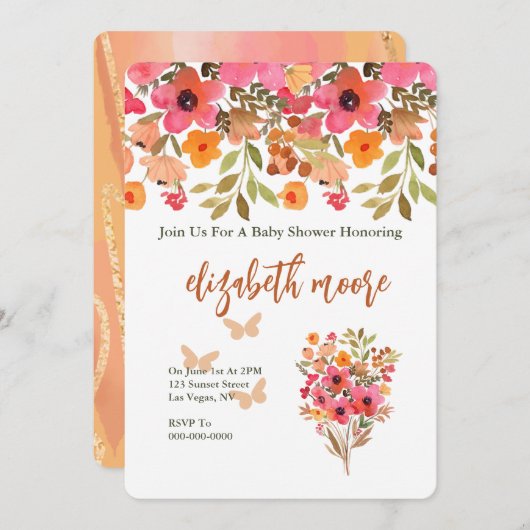 Blume Pfirsich und Rosa Garten Einladung (Vorne/Hinten)