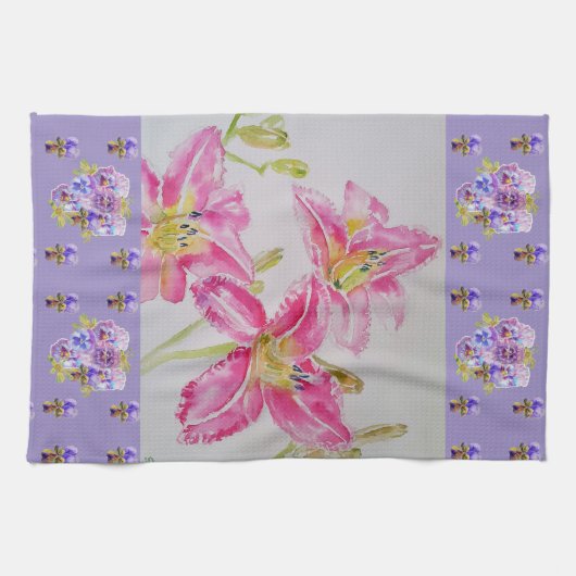 Blume Pink Lilie Aquarell Blume Te Geschirrtuch (Horizontal)