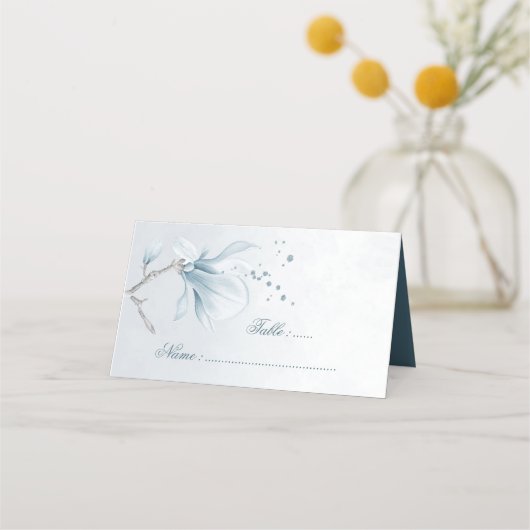 Blume-Platzkarte in staubblauen Farbtönen Platzkarte (Vorderseite)