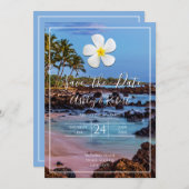 Blume Plumeria, tropischer Strand, Rett Datum Einladung (Vorne/Hinten)