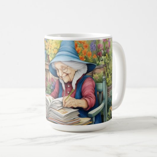 Blume Pot Garden Lady Lesebuch inmitten von Blume Kaffeetasse (VorderseiteRechts)