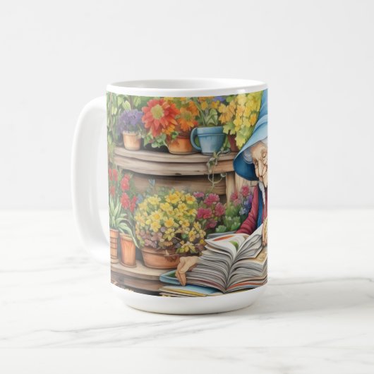 Blume Pot Garden Lady Lesebuch inmitten von Blume Kaffeetasse (Vorderseite Links)