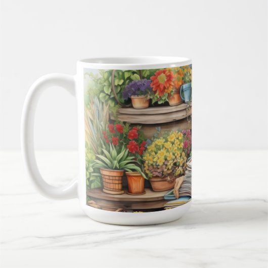 Blume Pot Garden Lady Lesebuch inmitten von Blume Kaffeetasse (Links)