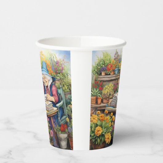 Blume Pot Garden Lady Lesebuch inmitten von Blume Pappbecher (Links)