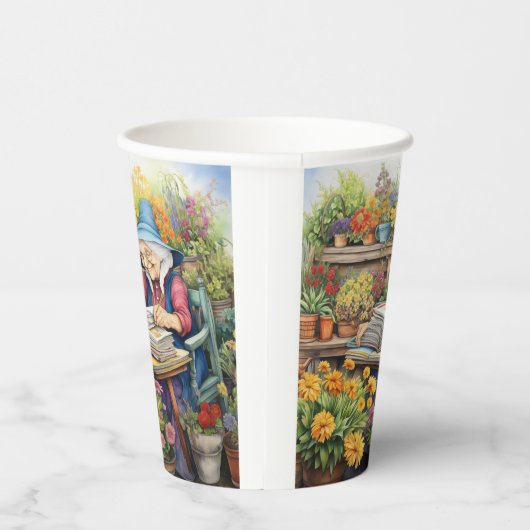 Blume Pot Garden Lady Lesebuch inmitten von Blume Pappbecher (Rechts)