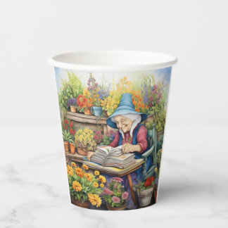Blume Pot Garden Lady Lesebuch inmitten von Blume Pappbecher