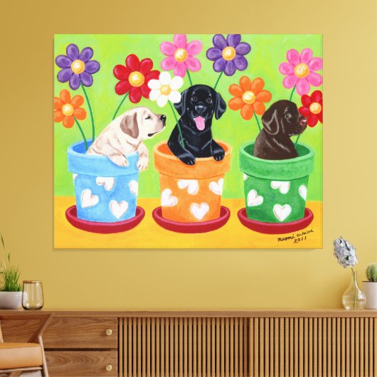 Blume Pot Labrador Welpen Leinwanddruck (Insitu (Wohnzimmer))