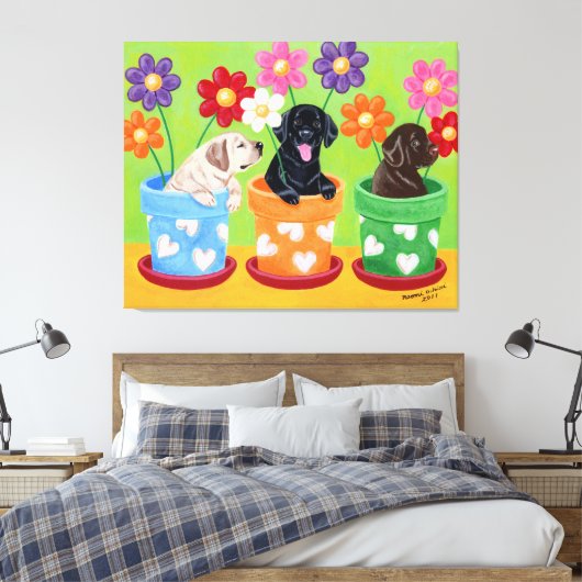 Blume Pot Labrador Welpen Leinwanddruck (Insitu (Schlafzimmer))