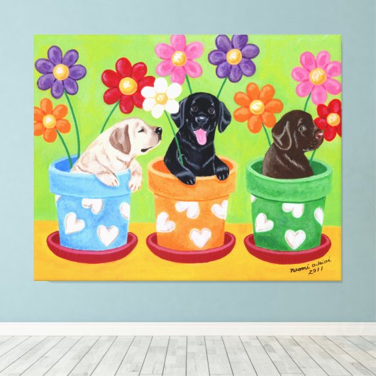 Blume Pot Labrador Welpen Leinwanddruck (Insitu (Holzboden))