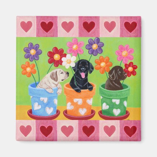 Blume Pot Labrador Welpen Magnet (Vorne)