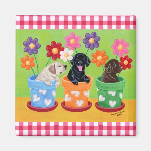 Blume Pot Labrador Welpen Magnet (Vorne)