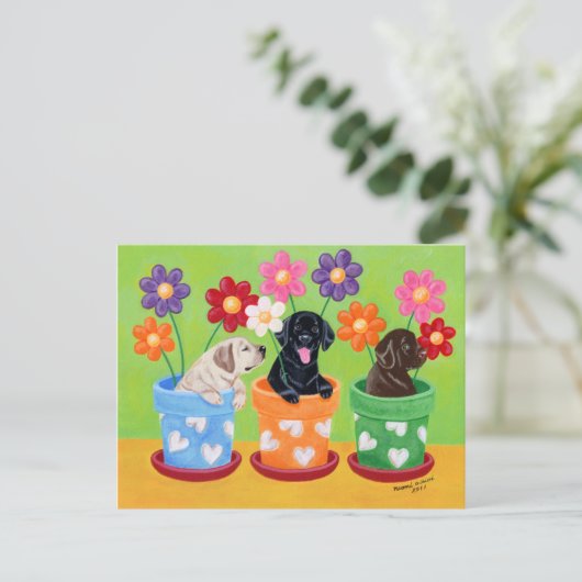 Blume Pot Labrador Welpen Postkarte (Stehend Vorderseite)