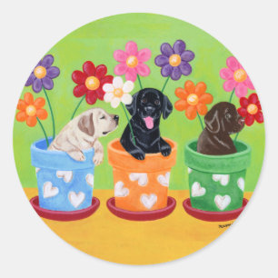 Blume Pot Labrador Welpen Runder Aufkleber