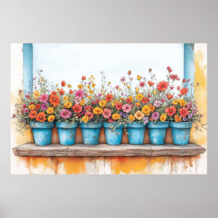 Blume Pots Illustration Pastellfarbe Zeichnend Poster