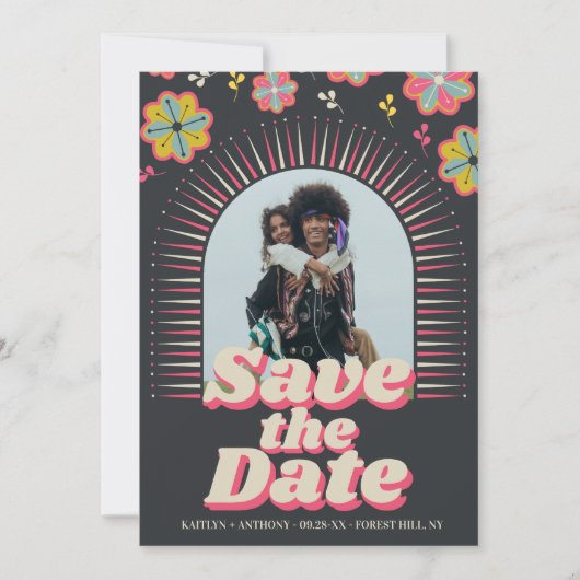 Blume Power 70er Retro Groovy Foto Hochzeit Save The Date (Vorderseite)