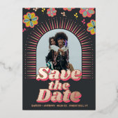 Blume Power 70er Retro Groovy Foto Save the Date Folieneinladung (Vorderseite)