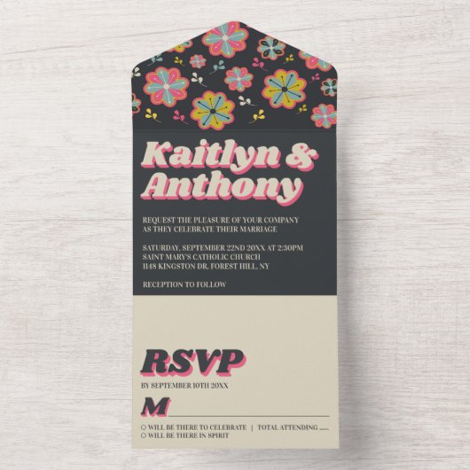 Blume Power 70er Retro Groovy Hochzeit All In One Einladung (Innen Boden)