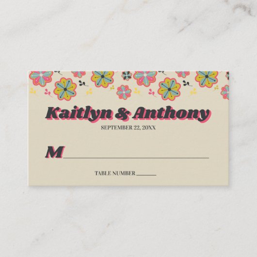 Blume Power 70er Retro Groovy Hochzeit Platzkarte (Vorderseite)