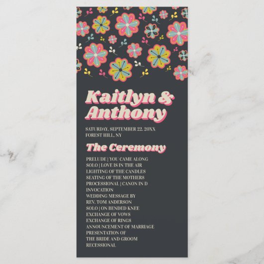 Blume Power 70er Retro Groovy Hochzeit Programm (Vorderseite)