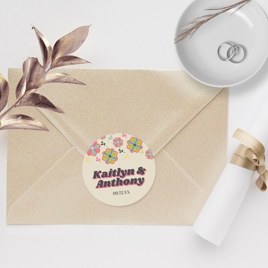 Blume Power 70er Retro Groovy Hochzeit Runder Aufkleber