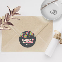 Blume Power 70er Retro Groovy Hochzeit Runder Aufkleber