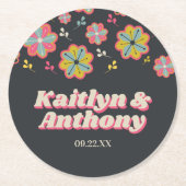 Blume Power 70er Retro Groovy Hochzeit Runder Pappuntersetzer (Vorderseite)