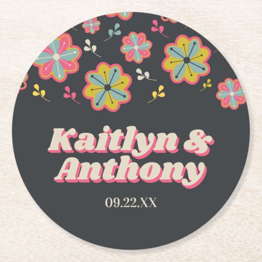 Blume Power 70er Retro Groovy Hochzeit Runder Pappuntersetzer (Vorderseite)