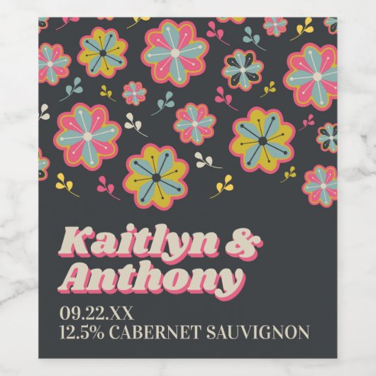 Blume Power 70er Retro Groovy Hochzeit Weinetikett (Einzelnes Label)