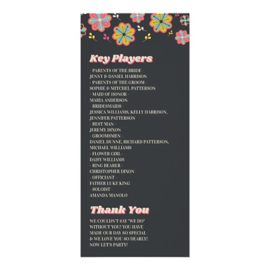 Blume Power 70er Retro Groovy Hochzeitsprogramm Werbekarte (Hinten)