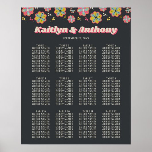 Blume Power 70er Retro Groovy Hochzeitssitze Poster (Vorne)