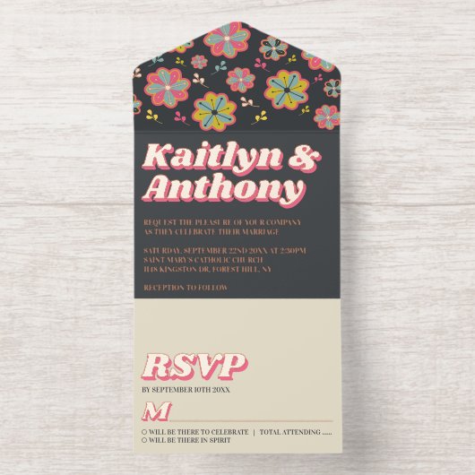 Blume Power 70er Retro Groovy Wedding Real Foil All-in-One-Einladung (Innenseite)